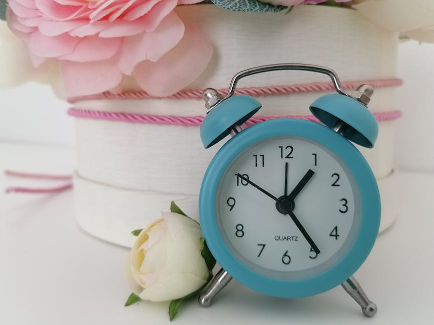 A close-up image featuring a small, vintage-style light blue alarm clock with twin bells on top, displaying the time as 1:07. Next to the clock is a delicate white flower with soft, rounded petals and