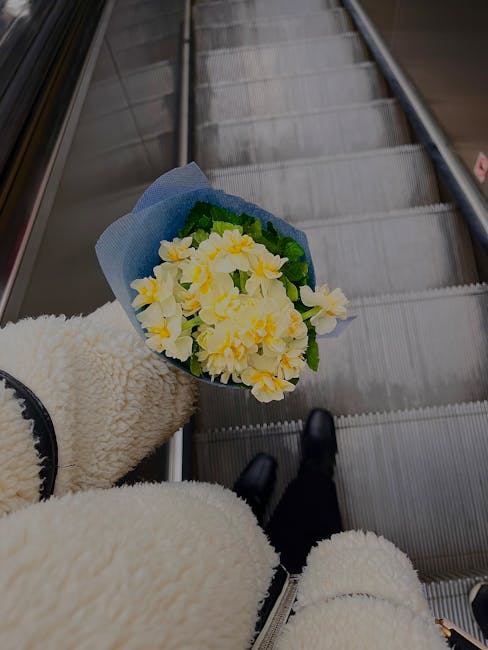 A person standing on an escalator at Epping Underground Station, holding a freshly arranged floral gift comprising pale yellow daffodils with green foliage, wrapped in blue paper. The individual is we