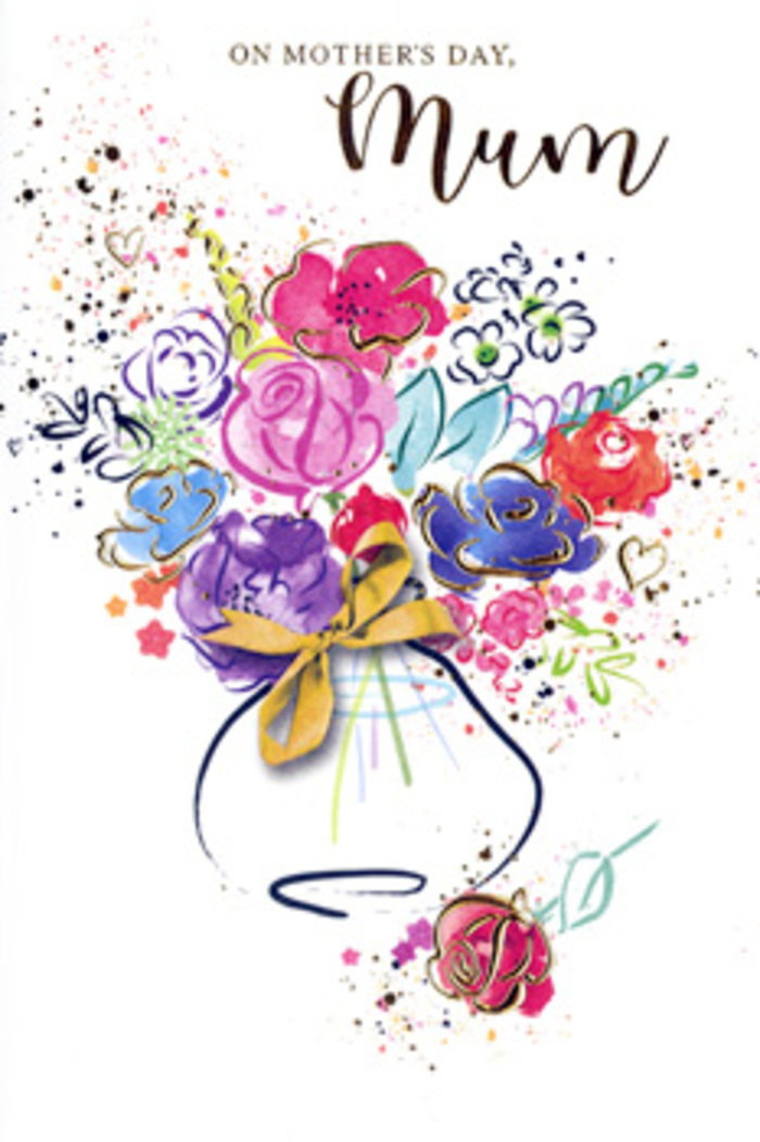 Mother's Day card artwork featuring an exuberant, almost sketch-like bouquet of flowers painted in flowing watercolour, with the relaxed confidence of a seasoned Epping florist planning a bespoke design for delivery across town. The blooms are a lively mix of hot pink, deep cerise, rich indigo, and soft apricot, with touches of chartreuse green peeking through as leaves and stems. Each flower is formed from broad, sweeping strokes and delicate dabs, blurring gently where colours meet, giving the impression of movement and emotional depth rather than strict botanical accuracy. Small highlights of golden paint trace around select petals and foliage, creating a soft halo effect that feels like the glow of a mother's embrace or the last warm rays of light over Epping Forest in the evening. The white background is mostly untouched, punctuated by flicks of colour and scattered hearts that appear like joyful notes dancing in the air. Near the bottom, a whimsical vase cradles the bouquet, its outline loose yet recognisable, finished with a slender golden bow that speaks of tradition, care, and thoughtful gifting. The composition manages to feel both joyous and intimate, much like a family gathering in an Epping home where flowers take pride of place on the kitchen table. It becomes more than a simple greeting card-it feels like a keepsake, a painted bouquet that will endure long after fresh stems have faded, carrying with it the sentiments of gratitude, admiration, and enduring love that define Mother's Day.