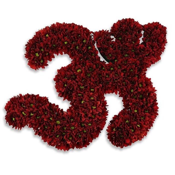 A striking, meticulously composed floral number 33, crafted entirely from hundreds of small button chrysanthemums in a rich, deep burgundy-crimson. The individual blooms are so closely packed that they create a plush, velvety surface across both numerals; tiny green centers peek through among the petals, providing a fresh, lively contrast that enhances the organic texture and prevents the red from feeling flat. Photographed against a pristine white backdrop, the crimson reads with exceptional clarity and the composition casts a soft diffused gray shadow beneath it, suggesting the form sits just above the surface and giving a subtle three-dimensional lift. The craftsmanship is evident in the precision of the curves and the consistent density of the flowers-each 3 holds its shape without rigid lines, retaining a gentle, hand-formed quality that speaks to floral skill honed over years. This piece could mark a 33rd birthday, an anniversary, a sports jersey tribute, or a commemorative memorial; in Epping it's the kind of thoughtful centrepiece we prepare for celebrations on the High Street or for more solemn gatherings near Epping Forest. Prepared fresh in our Epping workshop, Flower Delivery Epping often arranges similar numeric tributes with the same attention to texture, tone, and respectful presentation, ensuring the emotion and intent behind the number are clearly voiced through flowers.