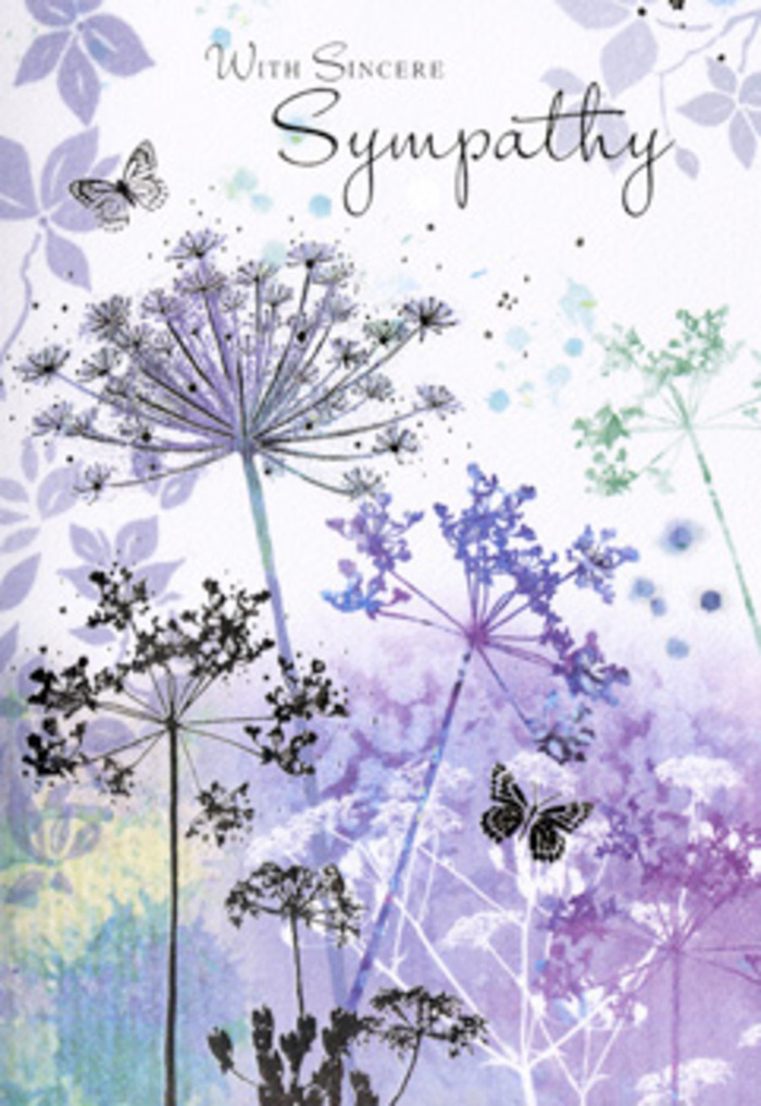 There is a contemplative stillness in this sympathy card's design, reminiscent of the quieter clearings along the edge of Epping Forest when the air is cool and the day is just beginning. Against a backdrop of softly blended watercolour, where muted shades of violet, soft blue, and silvery green drift into one another, tall umbelliferous wildflowers rise with understated grace. Their stems are fine and slightly curved, reaching upward with a sense of purpose yet never appearing rigid. Each flower head forms a delicate dome of countless tiny florets, suggested through intricate, lace-like lines that thin and fade at the tips, making the blooms appear almost weightless. Between these ethereal flowers, a couple of butterflies hover in gentle suspension, their wings tinted in pale lavender and shadowy blue-grey, with minimal detailing that allows them to feel more like soft impressions than sharply defined shapes. The overall lighting is diffuse, without a single strong source, akin to the soft glow on a cloudy afternoon along Epping High Road, lending the scene a calm, enveloping quality. There are no strong contrasts; colours melt into one another, creating a visual whisper rather than a shout. As someone familiar with arranging funeral and sympathy flowers for families in Epping, I see this card as a painted echo of the soft, cool palettes we use when comfort and tranquillity are the priority-subtle blues, gentle purples, and airy textures. It invites a pause, a quiet breath, and a moment of memory, making it an ideal choice when you wish to send a condolence message that is visually soothing and deeply respectful, without ever feeling heavy or overwhelming.