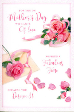 The Mother's Day card in this image is designed like a romantic floral vignette, steeped in the soft, natural charm you might associate with a walk through Epping Forest in spring. Set against a pale, uncluttered background, full-bodied pink roses unfold in different shades-from barely-there blush at the outer petals to deeper, more saturated pinks nestled at their centres. Each bloom is rendered with velvety detail, petals overlapping in layered spirals that create an inviting sense of depth. Around the central bouquets, a gentle scattering of petals lies across the card, some arranged as though they have just fallen, others resting at slight angles, adding a sense of movement and tenderness. Flowing through this floral scene is a hand-lettered message in warm, elegant script, its curves and flourishes echoing the natural shapes of the roses themselves and capturing the intimacy of a handwritten note for Mum. A soft pastel ribbon weaves around the largest cluster, looping and trailing like the ribbon a florist would tie around a hand-tied bouquet destined for a home near Epping station or along the High Road. The lighting is calm and even, with just enough shadow to define each petal and fold of ribbon, giving the impression of natural daylight spilling through a nearby window. The overall mood is one of gentle celebration and quiet appreciation-a card that feels perfectly at home beside a vase of freshly delivered flowers, marking Mother's Day with understated beauty and heartfelt emotion.
