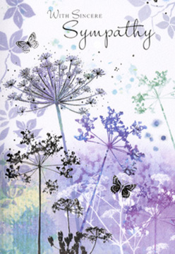 The illustration on this sympathy card unfolds as a delicate, nature-inspired scene that could easily echo the soft edges of Epping's countryside. From a base of misty violet and pale blue-grey, slender wildflower stems rise in elegant arcs, each topped with an umbel of fine, lace-like florets. The flowers are painted with a light, confident touch, their tiny clustered blooms suggested rather than rigidly defined, creating an impression of gentle movement, as if stirred by a faint breeze drifting from Epping Forest. The background is a wash of blended watercolours-soft lilacs, muted blues, and hints of silvery green-that merge in smooth gradients, with no sharp boundaries, evoking early morning light when mist hangs low and colours are still waking. Among the wildflowers, butterflies drift quietly, their wings almost translucent, edged with the faintest outlines of lavender and smoke-grey. They seem midway between landing and taking flight, embodying the idea of transition and the delicate presence of memories after a bereavement. The atmosphere is calm, contemplative, and spacious, with ample white space and softened edges that invite the eye to rest rather than roam. The light feels cool and even, like the gentle brightness filtering through trees along the lanes near Bell Common on an overcast day. Crafted with the same thoughtful care a local florist brings to sympathy flowers for services in and around Epping, this design conveys compassion through its silence-no bold statements, just a quiet arrangement of colour and form. It's the sort of card you might choose when you wish to offer solace and understanding to a neighbour or friend, allowing the image itself to carry part of the comfort your words cannot fully express.
