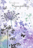 This sympathy card feels like a gentle visual poem inspired by the landscapes around Epping, where wildflowers and soft skies meet in peaceful harmony. Set against a dreamlike backdrop of blended lavender, indigo, and pale blue-grey, fine silhouettes of wildflowers stretch upwards, their slender stems and umbrella-shaped heads rendered in delicate, flowing lines. Each umbel appears as a cluster of tiny, airy florets, lightly sketched so they seem to shimmer and fade at the edges, much like distant blooms viewed through morning mist along the paths near Epping Forest. The watercolour background is layered and fluid, with muted purples merging into silvery greens and cool blues, suggesting both depth and openness, as though the flowers stand in a field that extends well beyond the card's borders. Here and there, small butterflies hover around the blooms, their wings soft and semi-transparent, touched with hints of lavender and smoke-blue, creating a quiet sense of movement and gentle presence. The lighting is even and subdued, free from harsh highlights, evoking the calm of an overcast day when colours appear softened and thoughts naturally turn inward. Near the upper part of the design, a simple sympathy message in graceful script rests lightly above the floral scene, harmonising with the overall gentleness rather than competing with it. From the perspective of a local florist used to crafting condolence tributes for homes and services across Epping and the surrounding villages, this artwork captures the same quiet reassurance we aim to express with fresh flowers. It offers a cool, comforting palette and a sense of breathing space-an understated yet heartfelt way to say you are thinking of someone in their time of loss.