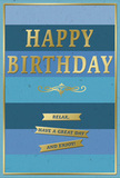 This image features a refined birthday card whose blue and gold design conveys both celebration and calm, ideal for a thoughtful birthday gesture anywhere around Epping. The background of the card is composed of broad horizontal bands of blue. At the bottom, a deep navy tone anchors the composition; as your eye travels upward, the blues gradually soften through denim and teal, ending in a pale, delicate sky blue at the top. This subtle ombre creates a peaceful, layered effect that feels like watching the sky lighten above Epping High Street at the start of a sunny day. In the centre, the words HAPPY BIRTHDAY are displayed in prominent, capital letters, finished in metallic gold foil. The letters appear slightly embossed, giving them depth and a gentle shimmer when they catch the light, without ever becoming flashy. Just beneath this central greeting, a golden flourish curls gracefully, reminiscent of a decorative pen stroke on a hand-written card. Below the flourish, three narrow gold banners lie in an orderly vertical stack, each one like a tidy ribbon placed over the blue stripes. Printed neatly across these ribbons is a reassuring, friendly line: Relax, have a great day and enjoy! The entire design is held within a slim gold border that traces the edge of the card, adding structure and a polished final touch, much as a florist's ribbon completes a birthday bouquet. The card stock appears smooth and of good weight, with a soft sheen that would feel cool and comforting to hold. When paired with fresh birthday flowers delivered locally by Flower Delivery Epping, this card would offer a beautifully composed expression of warm wishes and restful joy.